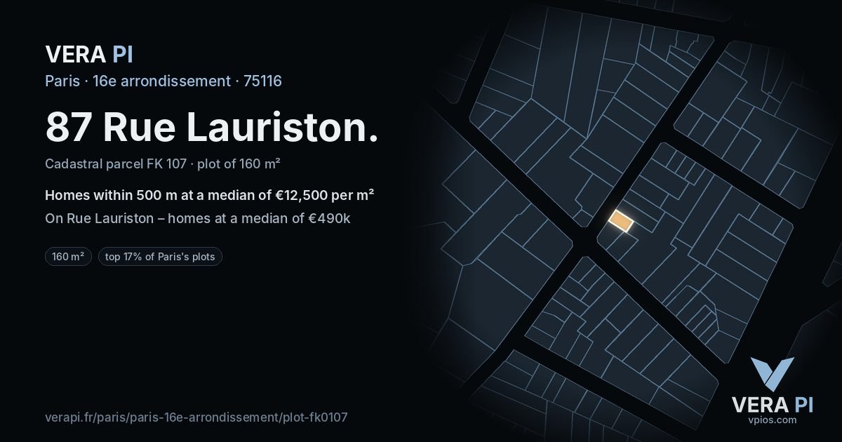 87 Rue Lauriston, 16e arrondissement at night – the plot lit, the parcels around coloured by the prices near them