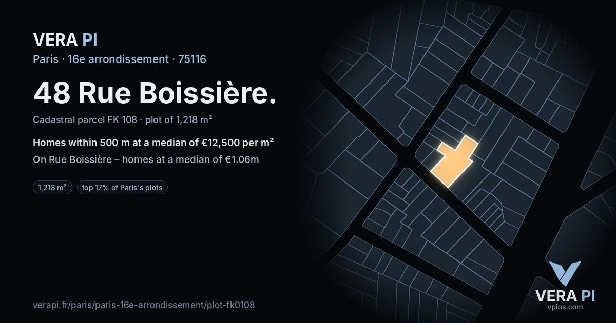 48 Rue Boissière, 16e arrondissement at night – the plot lit, the parcels around coloured by the prices near them