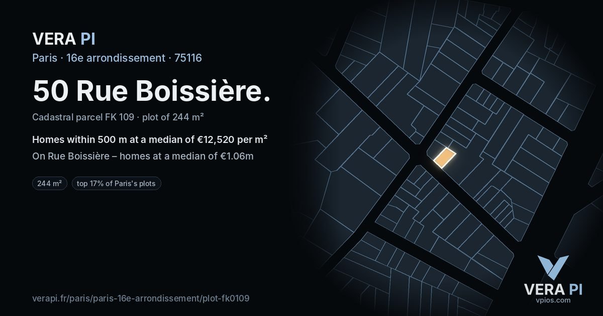 50 Rue Boissière, 16e arrondissement at night – the plot lit, the parcels around coloured by the prices near them