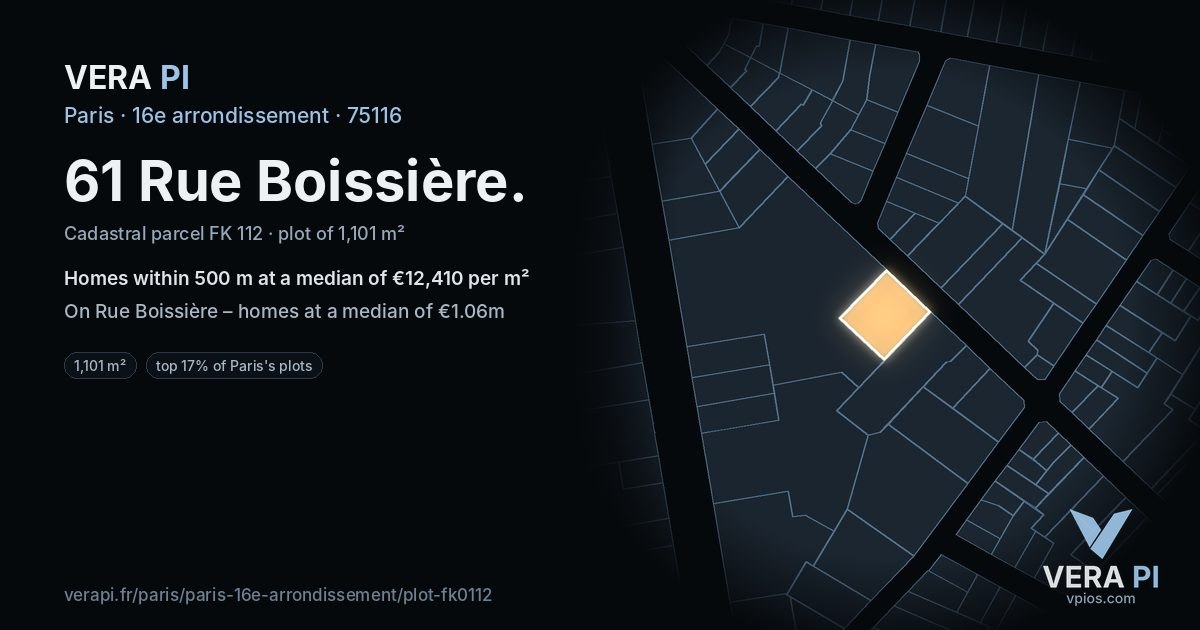 61 Rue Boissière, 16e arrondissement at night – the plot lit, the parcels around coloured by the prices near them