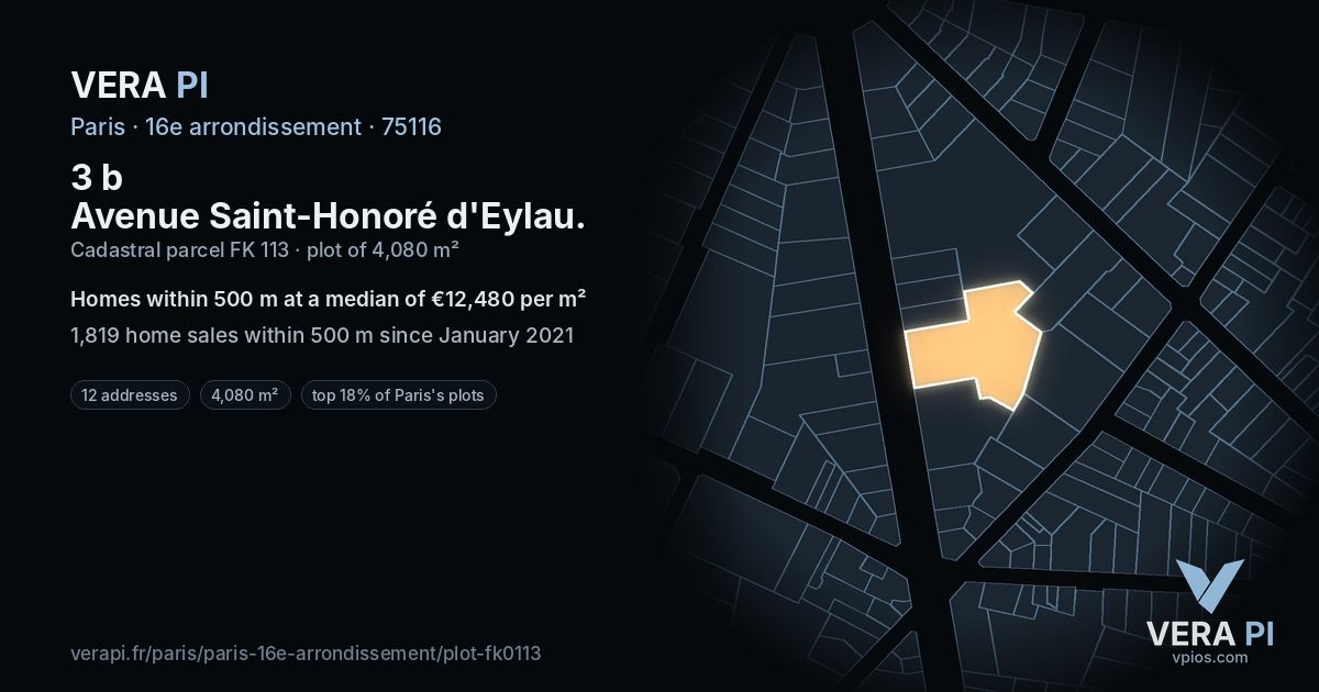 3 b Avenue Saint-Honoré d'Eylau, 16e arrondissement at night – the plot lit, the parcels around coloured by the prices near them