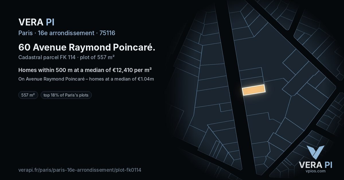 60 Avenue Raymond Poincaré, 16e arrondissement at night – the plot lit, the parcels around coloured by the prices near them