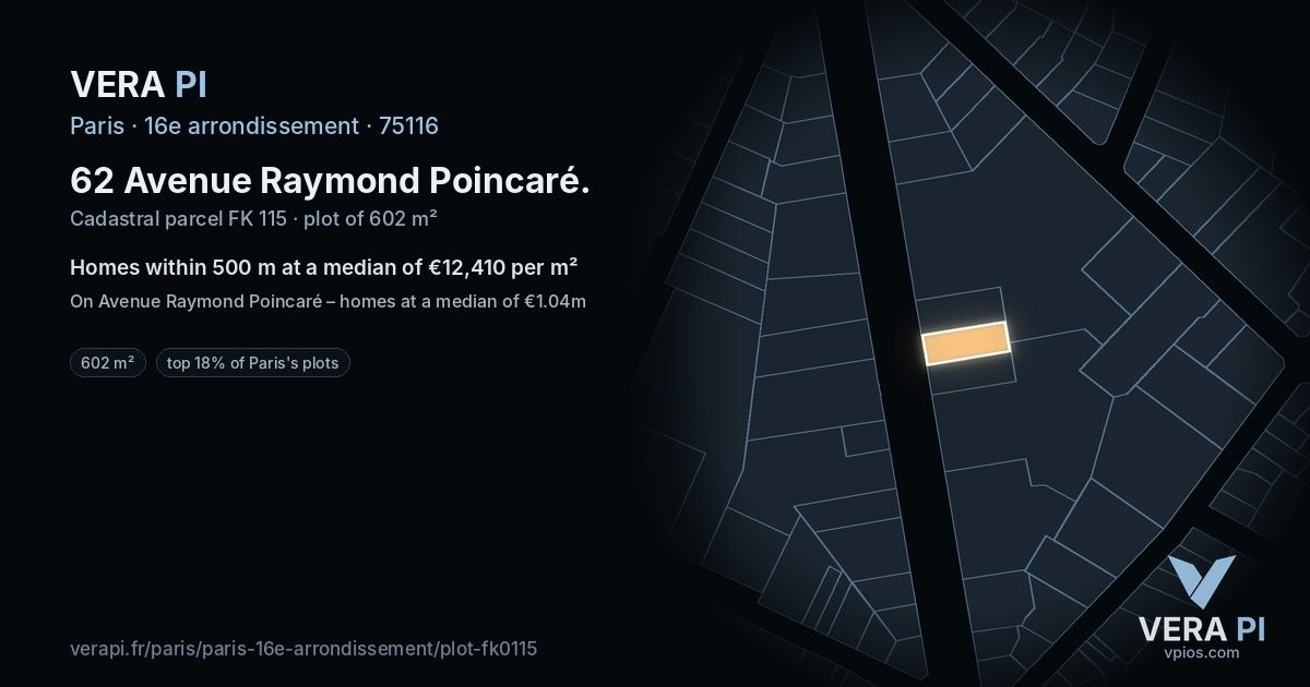 62 Avenue Raymond Poincaré, 16e arrondissement at night – the plot lit, the parcels around coloured by the prices near them