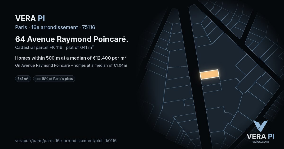 64 Avenue Raymond Poincaré, 16e arrondissement at night – the plot lit, the parcels around coloured by the prices near them