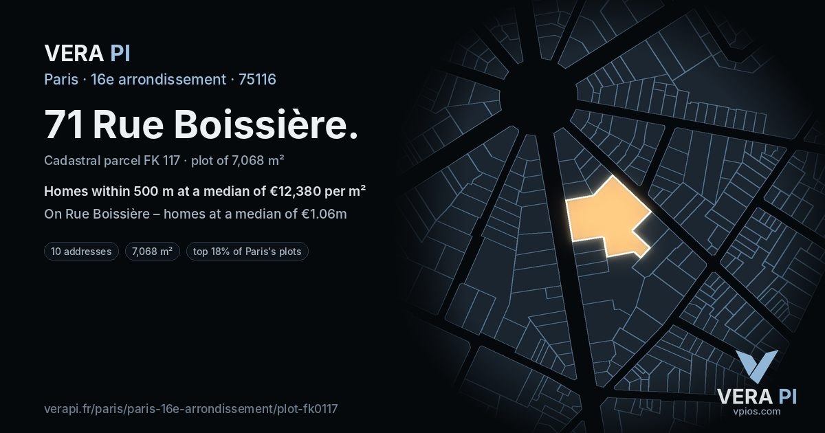 71 Rue Boissière, 16e arrondissement at night – the plot lit, the parcels around coloured by the prices near them