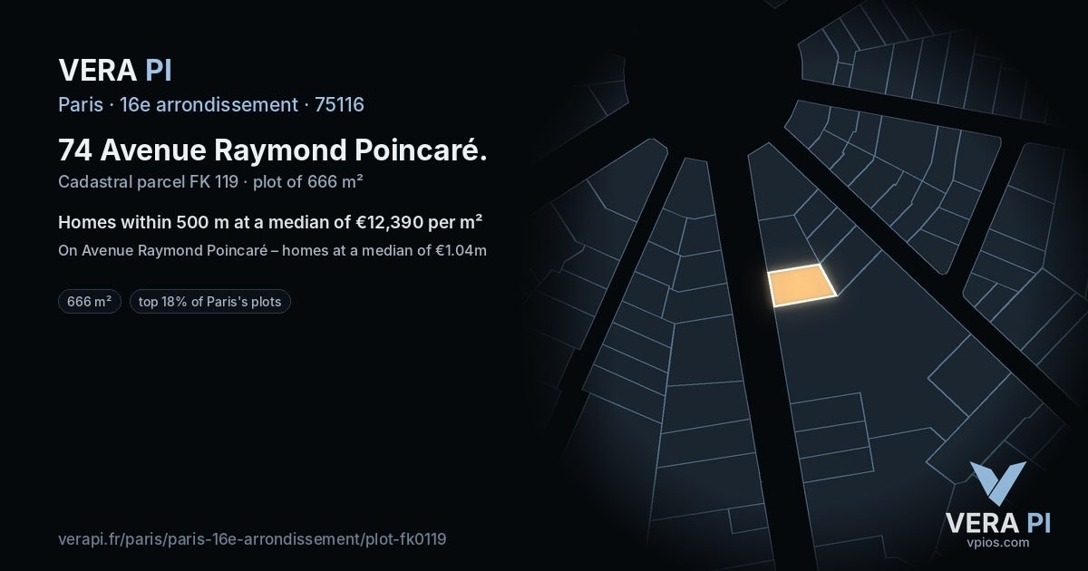 74 Avenue Raymond Poincaré, 16e arrondissement at night – the plot lit, the parcels around coloured by the prices near them