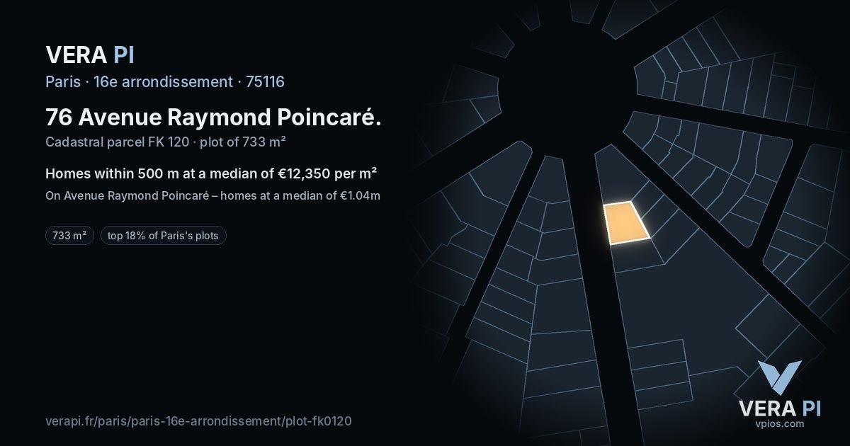 76 Avenue Raymond Poincaré, 16e arrondissement at night – the plot lit, the parcels around coloured by the prices near them