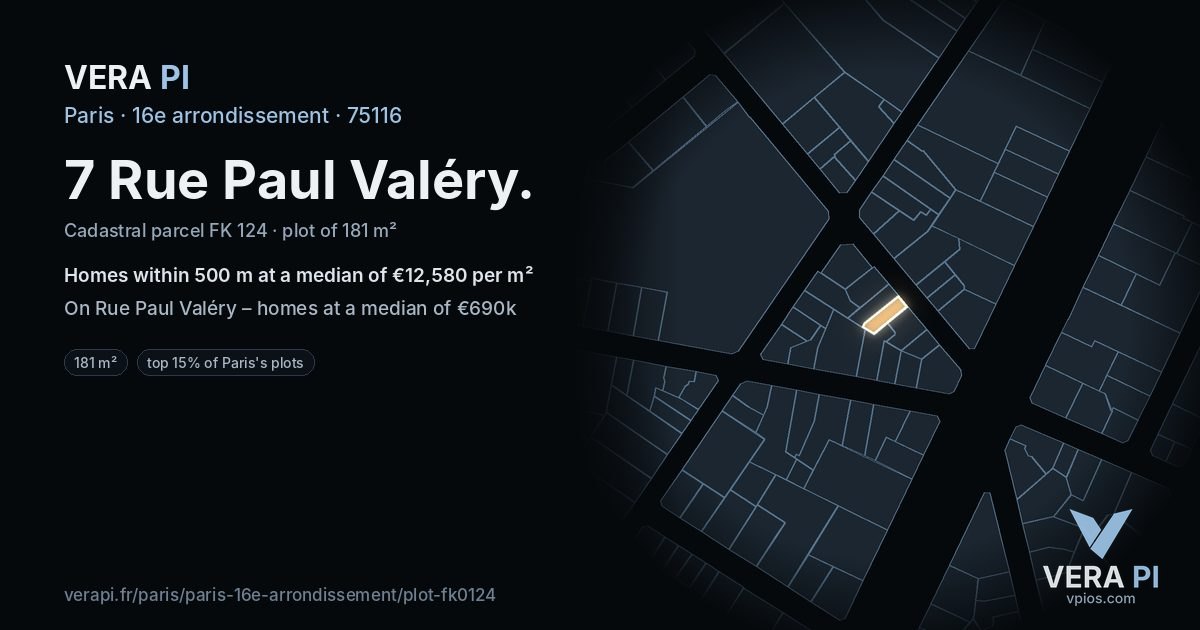 7 Rue Paul Valéry, 16e arrondissement at night – the plot lit, the parcels around coloured by the prices near them