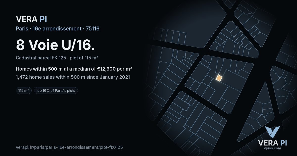 8 Voie U/16, 16e arrondissement at night – the plot lit, the parcels around coloured by the prices near them