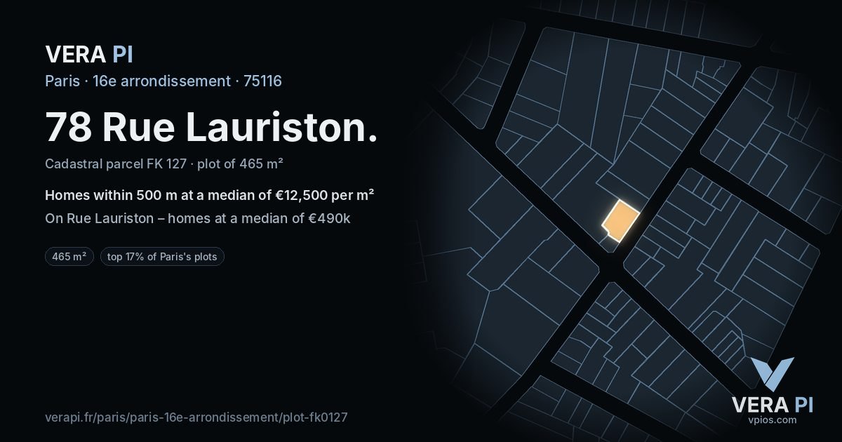 78 Rue Lauriston, 16e arrondissement at night – the plot lit, the parcels around coloured by the prices near them
