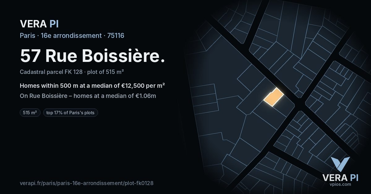 57 Rue Boissière, 16e arrondissement at night – the plot lit, the parcels around coloured by the prices near them