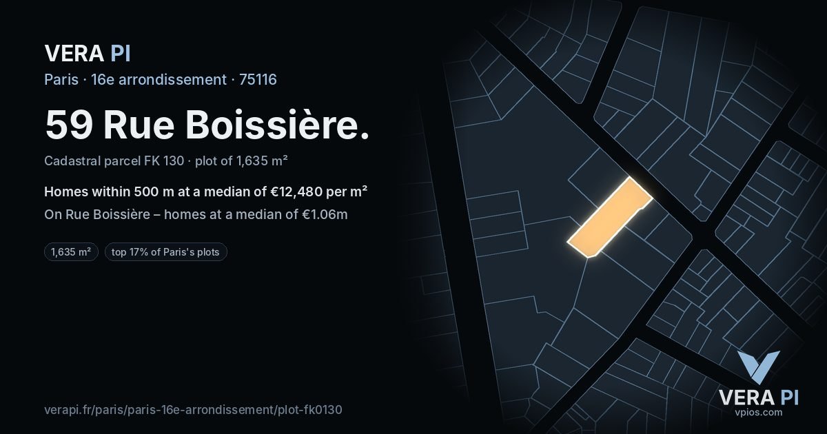 59 Rue Boissière, 16e arrondissement at night – the plot lit, the parcels around coloured by the prices near them