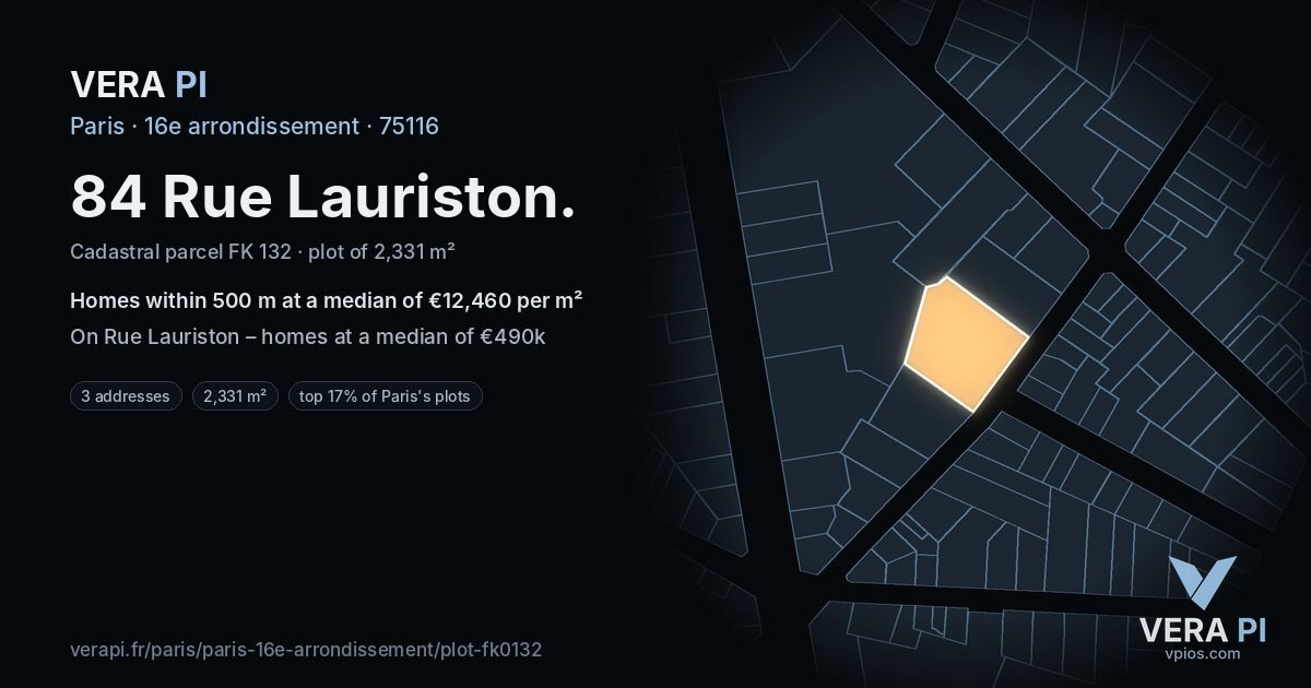 84 Rue Lauriston, 16e arrondissement at night – the plot lit, the parcels around coloured by the prices near them