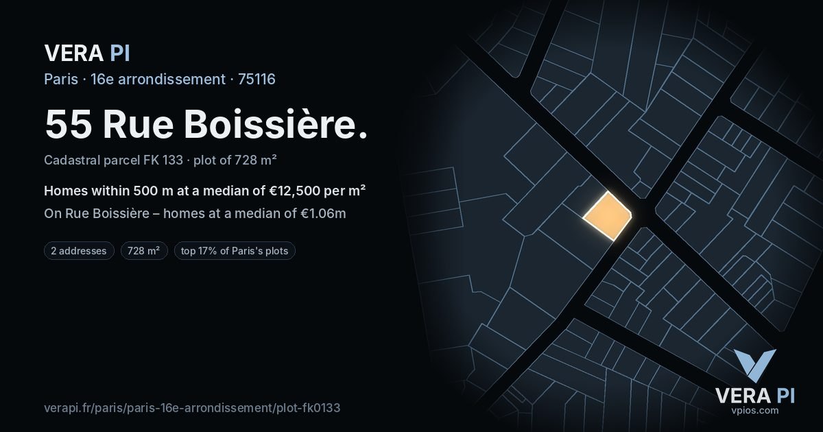 55 Rue Boissière, 16e arrondissement at night – the plot lit, the parcels around coloured by the prices near them