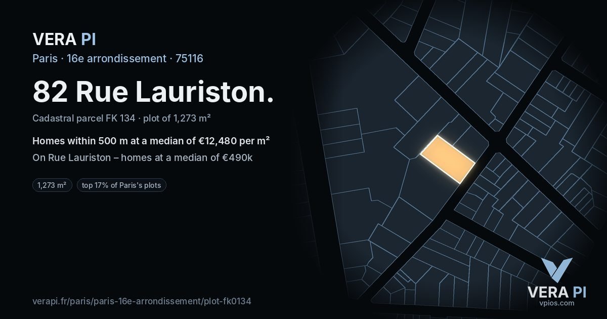 82 Rue Lauriston, 16e arrondissement at night – the plot lit, the parcels around coloured by the prices near them