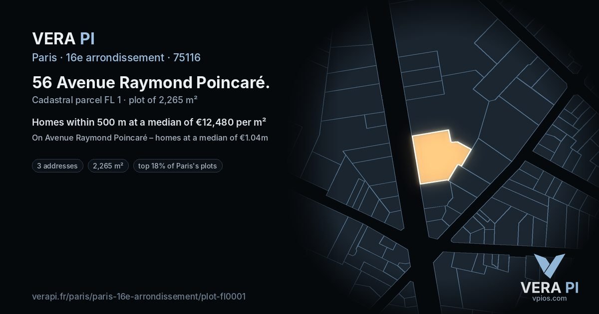 56 Avenue Raymond Poincaré, 16e arrondissement at night – the plot lit, the parcels around coloured by the prices near them