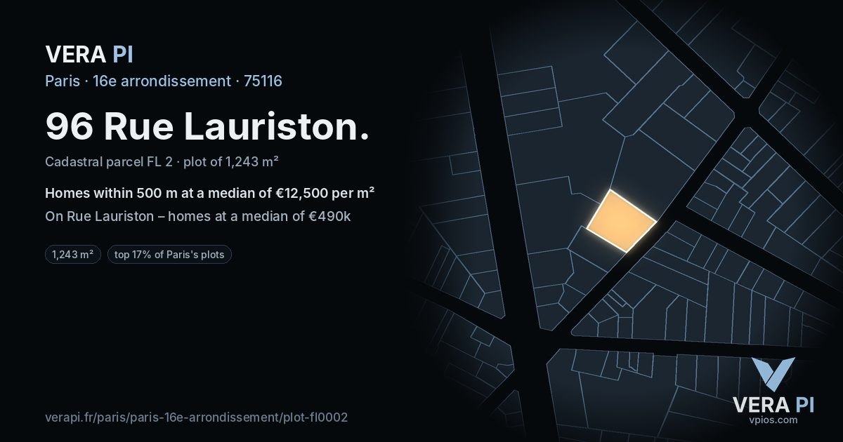 96 Rue Lauriston, 16e arrondissement at night – the plot lit, the parcels around coloured by the prices near them
