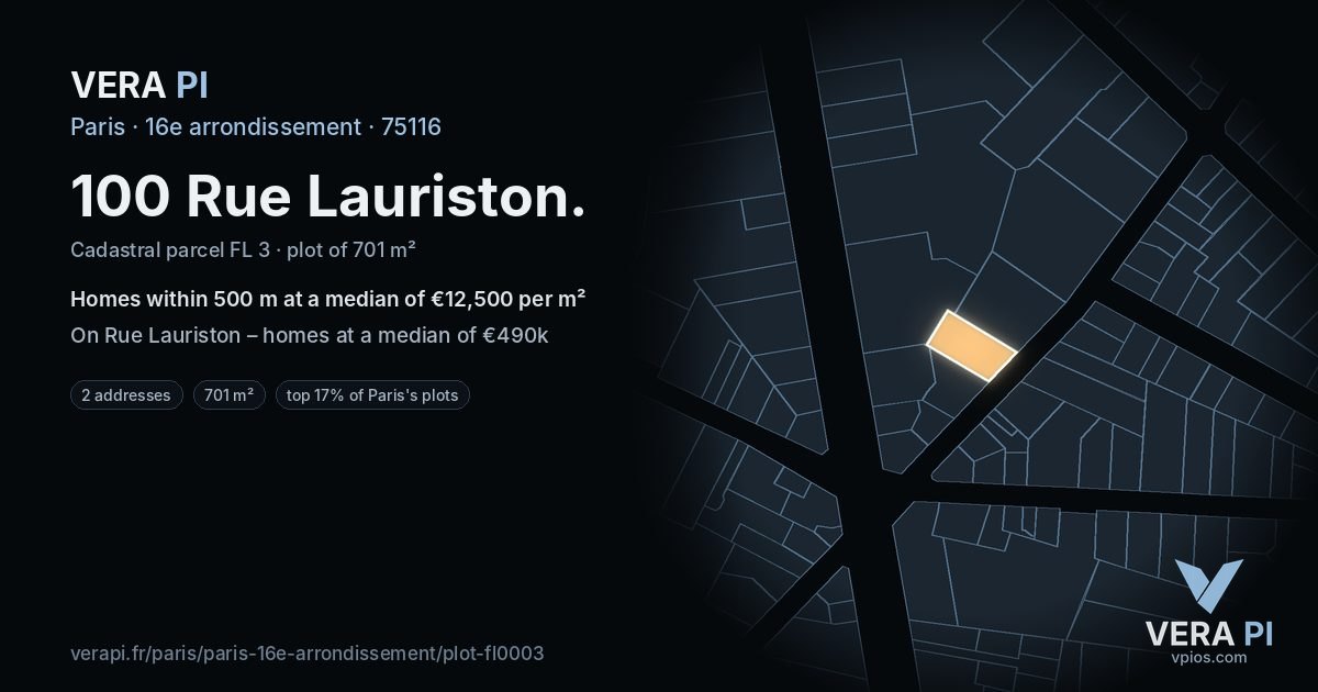 100 Rue Lauriston, 16e arrondissement at night – the plot lit, the parcels around coloured by the prices near them