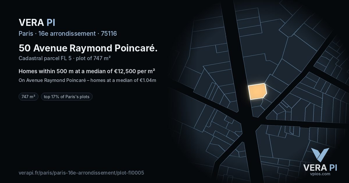 50 Avenue Raymond Poincaré, 16e arrondissement at night – the plot lit, the parcels around coloured by the prices near them
