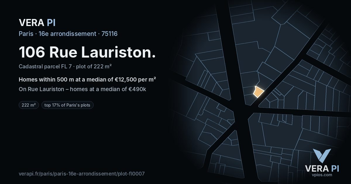 106 Rue Lauriston, 16e arrondissement at night – the plot lit, the parcels around coloured by the prices near them