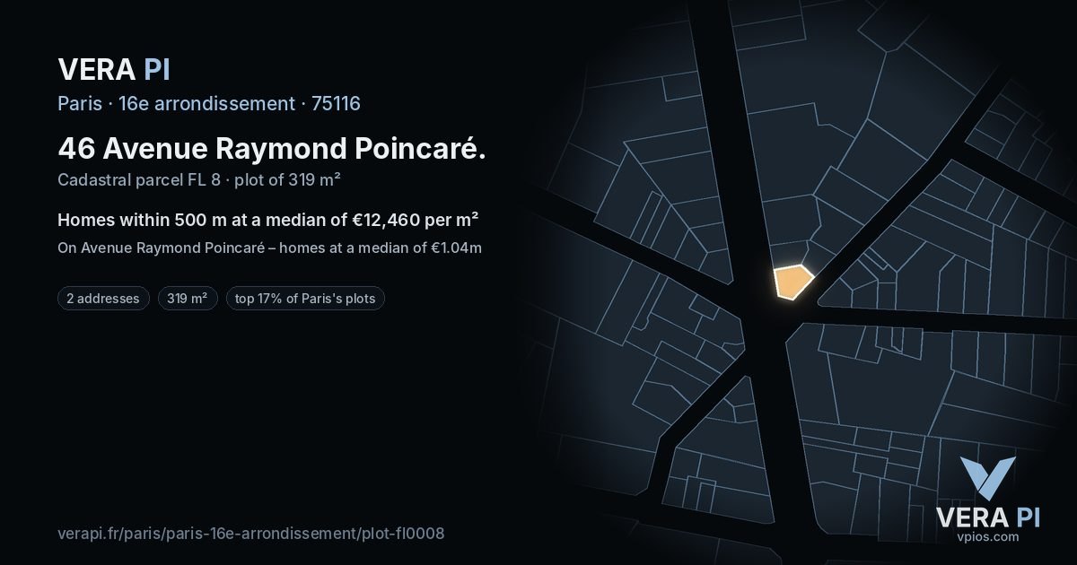 46 Avenue Raymond Poincaré, 16e arrondissement at night – the plot lit, the parcels around coloured by the prices near them