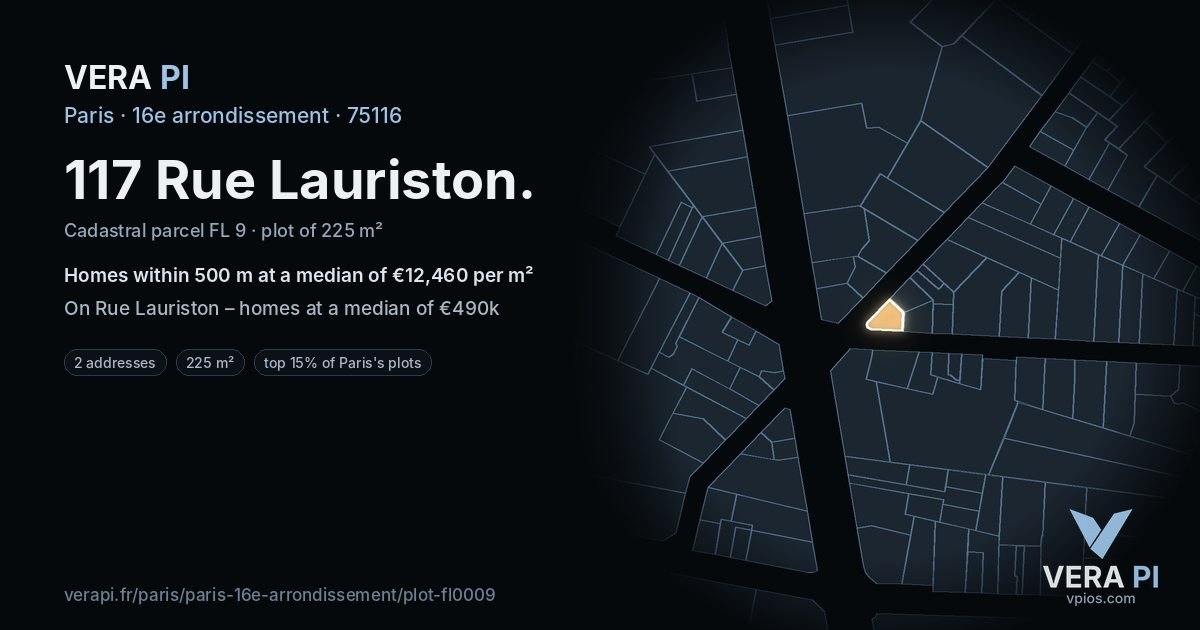 117 Rue Lauriston, 16e arrondissement at night – the plot lit, the parcels around coloured by the prices near them