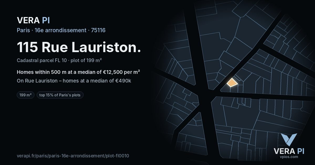 115 Rue Lauriston, 16e arrondissement at night – the plot lit, the parcels around coloured by the prices near them