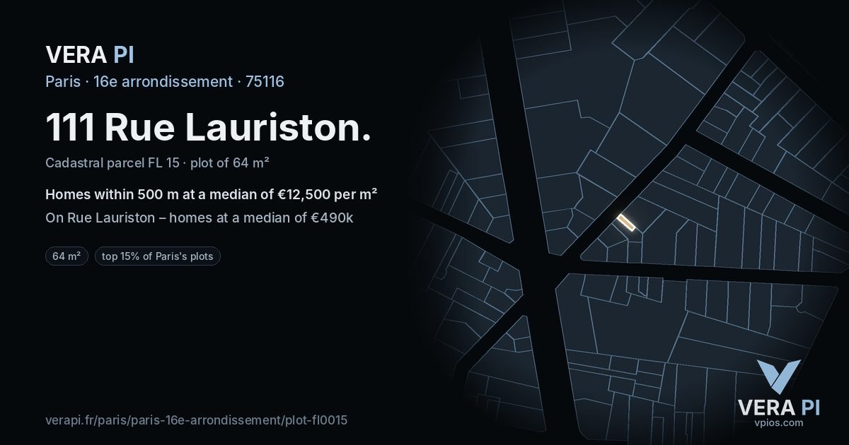 111 Rue Lauriston, 16e arrondissement at night – the plot lit, the parcels around coloured by the prices near them
