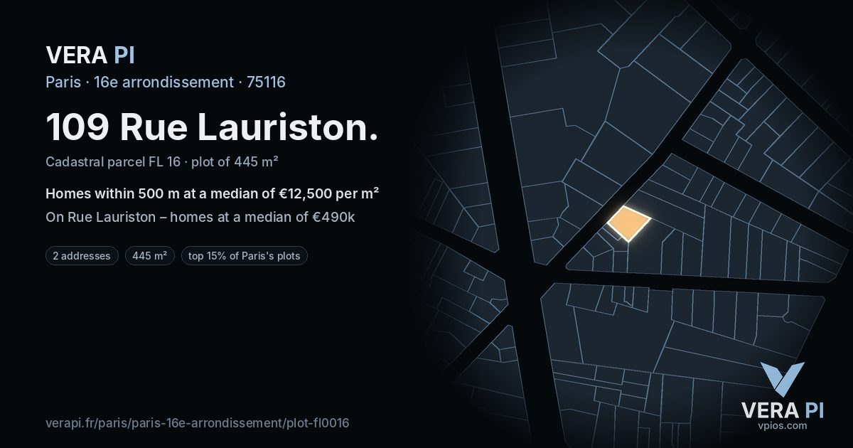 109 Rue Lauriston, 16e arrondissement at night – the plot lit, the parcels around coloured by the prices near them