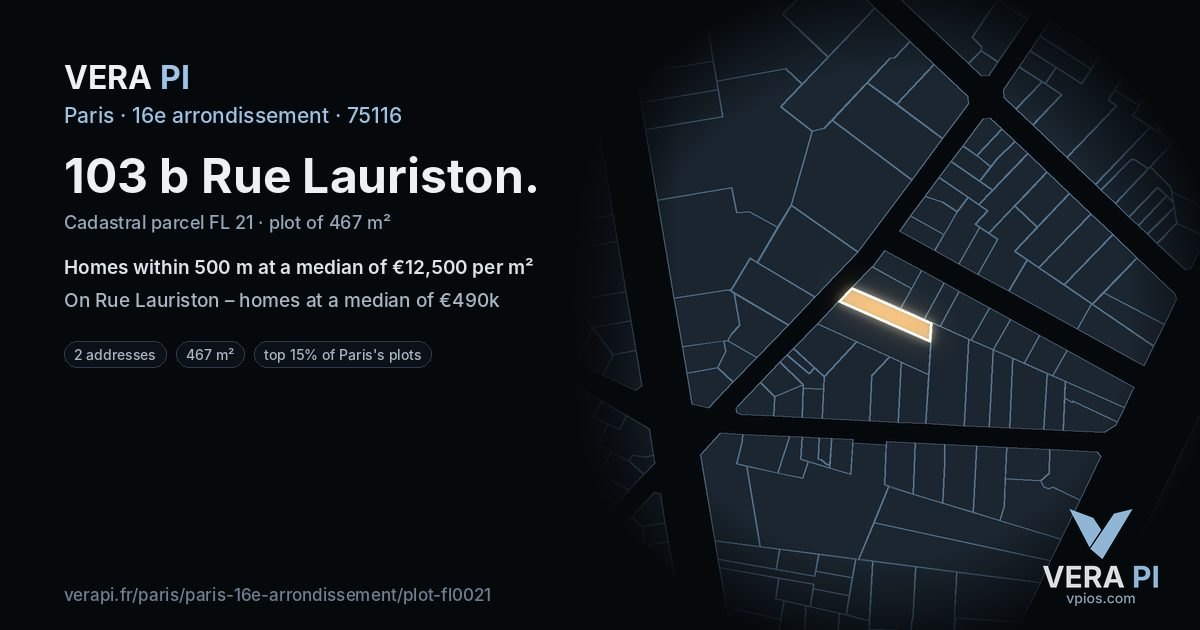 103 b Rue Lauriston, 16e arrondissement at night – the plot lit, the parcels around coloured by the prices near them