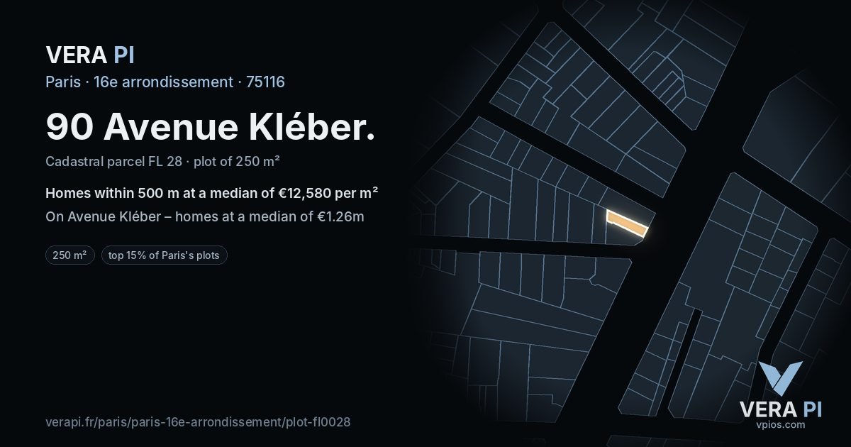 90 Avenue Kléber, 16e arrondissement at night – the plot lit, the parcels around coloured by the prices near them