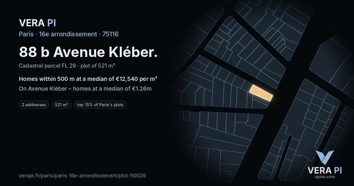 88 b Avenue Kléber, 16e arrondissement at night – the plot lit, the parcels around coloured by the prices near them