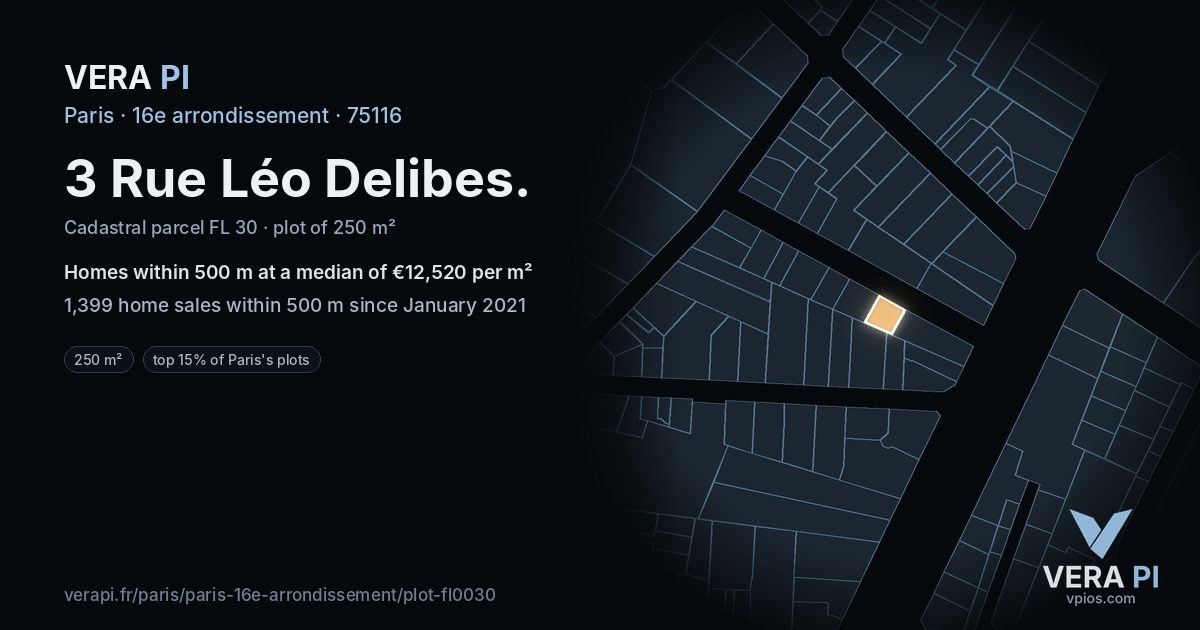 3 Rue Léo Delibes, 16e arrondissement at night – the plot lit, the parcels around coloured by the prices near them
