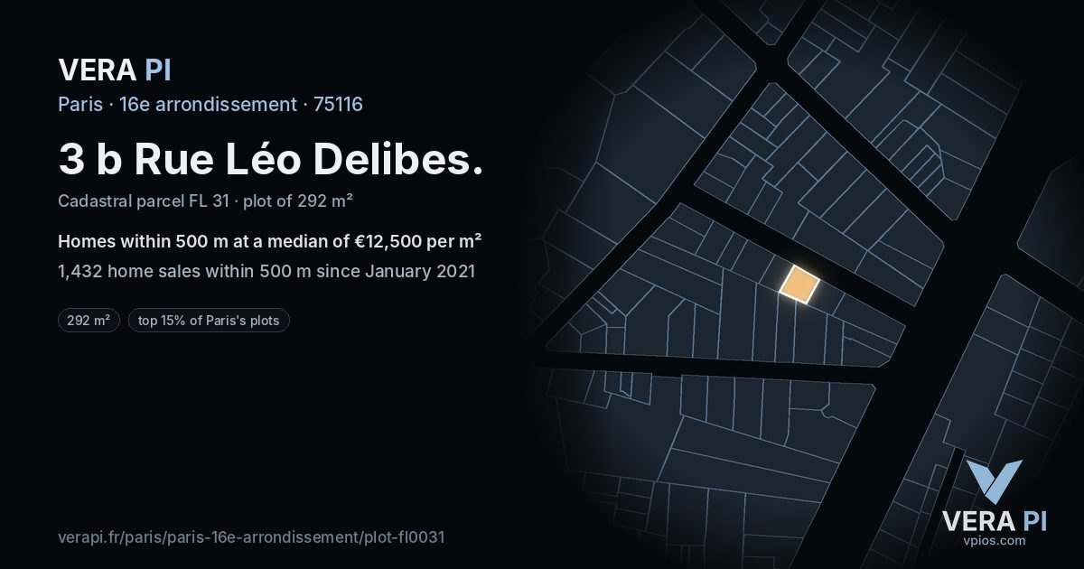 3 b Rue Léo Delibes, 16e arrondissement at night – the plot lit, the parcels around coloured by the prices near them