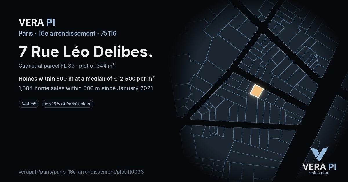 7 Rue Léo Delibes, 16e arrondissement at night – the plot lit, the parcels around coloured by the prices near them