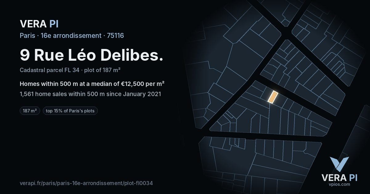 9 Rue Léo Delibes, 16e arrondissement at night – the plot lit, the parcels around coloured by the prices near them