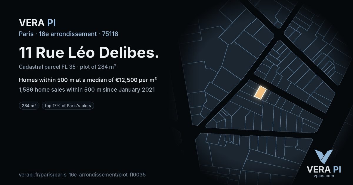 11 Rue Léo Delibes, 16e arrondissement at night – the plot lit, the parcels around coloured by the prices near them