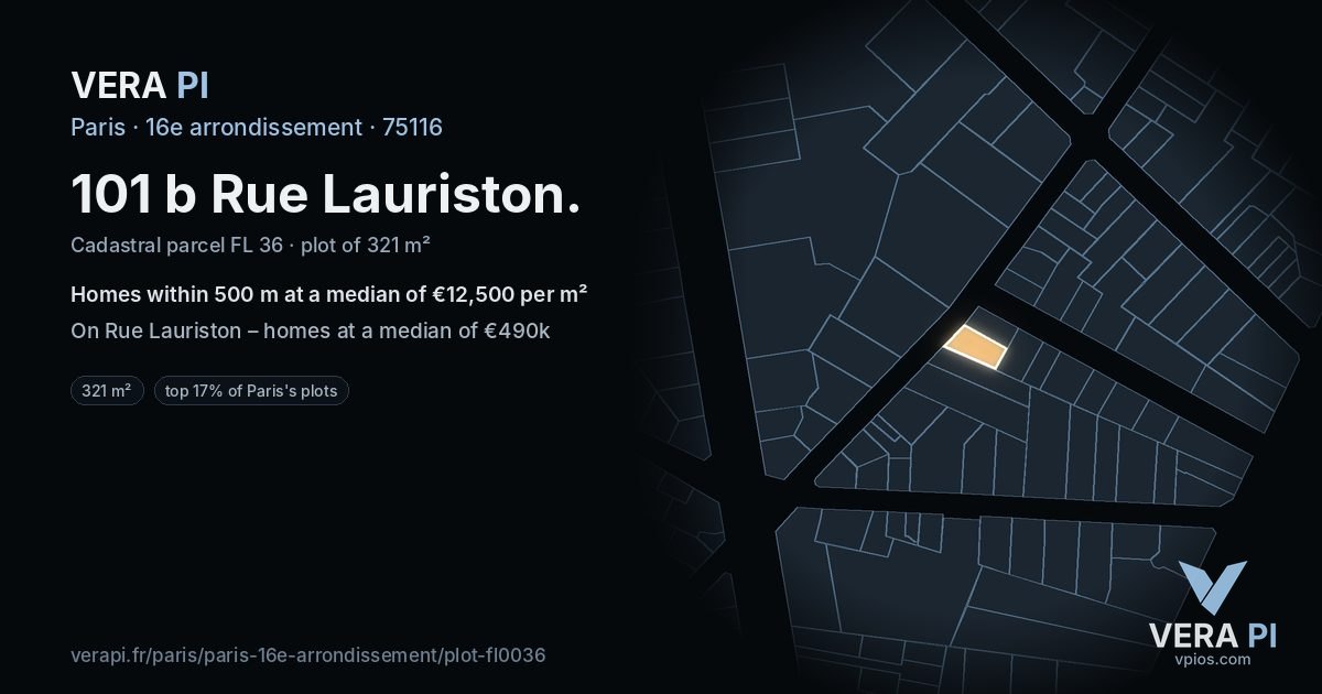 101 b Rue Lauriston, 16e arrondissement at night – the plot lit, the parcels around coloured by the prices near them