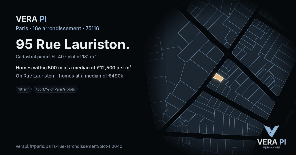 95 Rue Lauriston, 16e arrondissement at night – the plot lit, the parcels around coloured by the prices near them