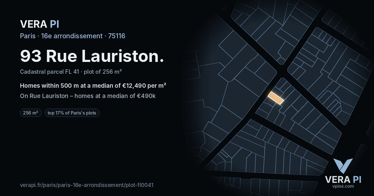 93 Rue Lauriston, 16e arrondissement at night – the plot lit, the parcels around coloured by the prices near them