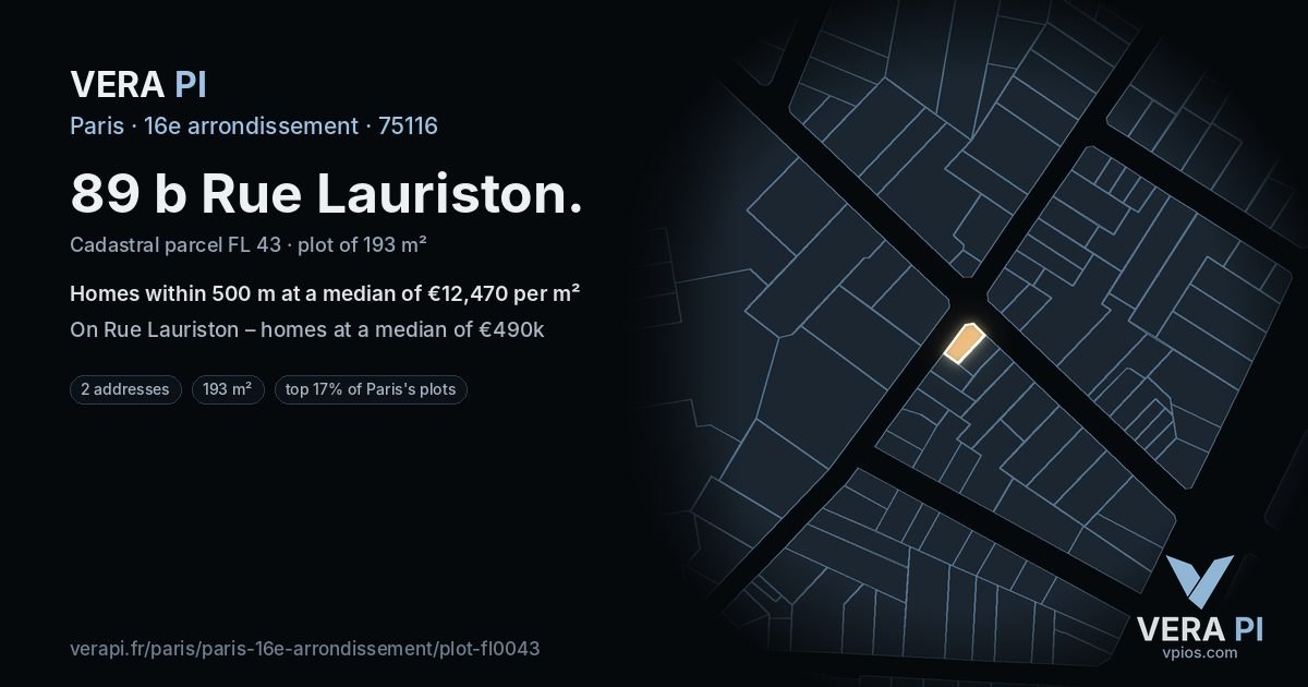 89 b Rue Lauriston, 16e arrondissement at night – the plot lit, the parcels around coloured by the prices near them