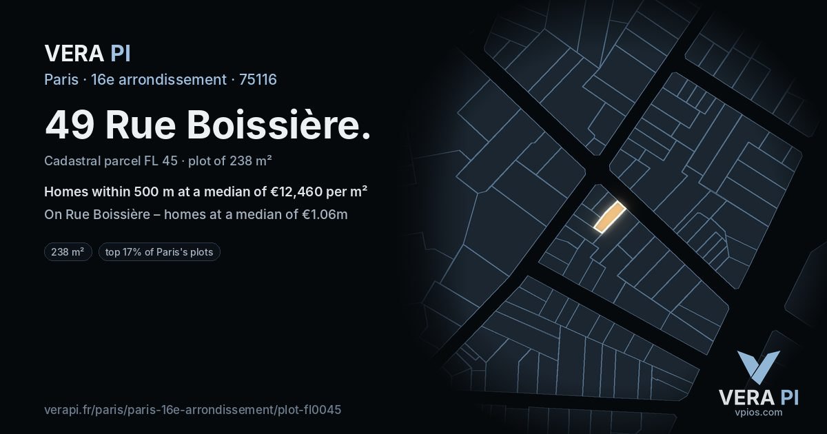 49 Rue Boissière, 16e arrondissement at night – the plot lit, the parcels around coloured by the prices near them