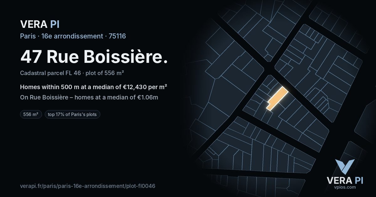 47 Rue Boissière, 16e arrondissement at night – the plot lit, the parcels around coloured by the prices near them