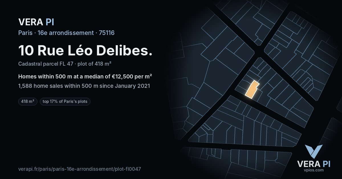10 Rue Léo Delibes, 16e arrondissement at night – the plot lit, the parcels around coloured by the prices near them
