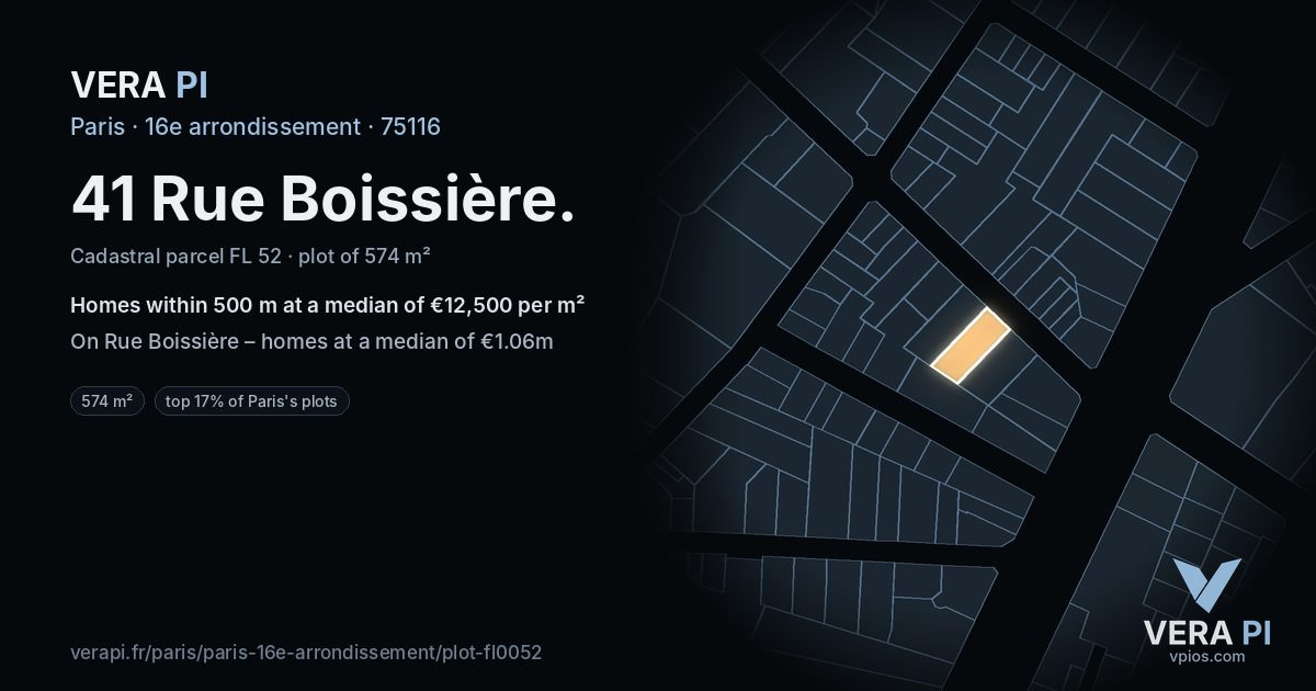 41 Rue Boissière, 16e arrondissement at night – the plot lit, the parcels around coloured by the prices near them