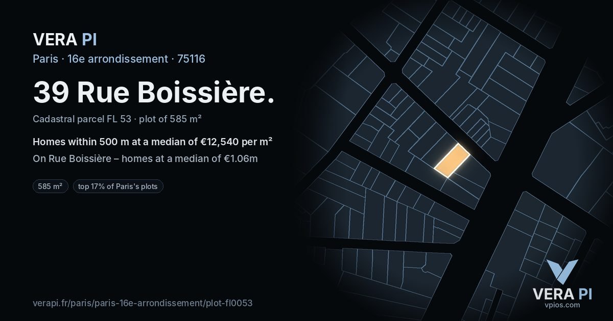 39 Rue Boissière, 16e arrondissement at night – the plot lit, the parcels around coloured by the prices near them
