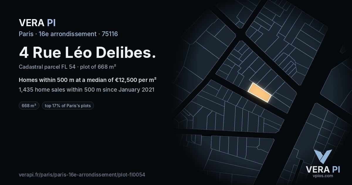 4 Rue Léo Delibes, 16e arrondissement at night – the plot lit, the parcels around coloured by the prices near them