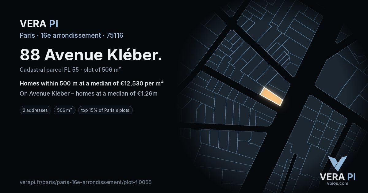 88 Avenue Kléber, 16e arrondissement at night – the plot lit, the parcels around coloured by the prices near them