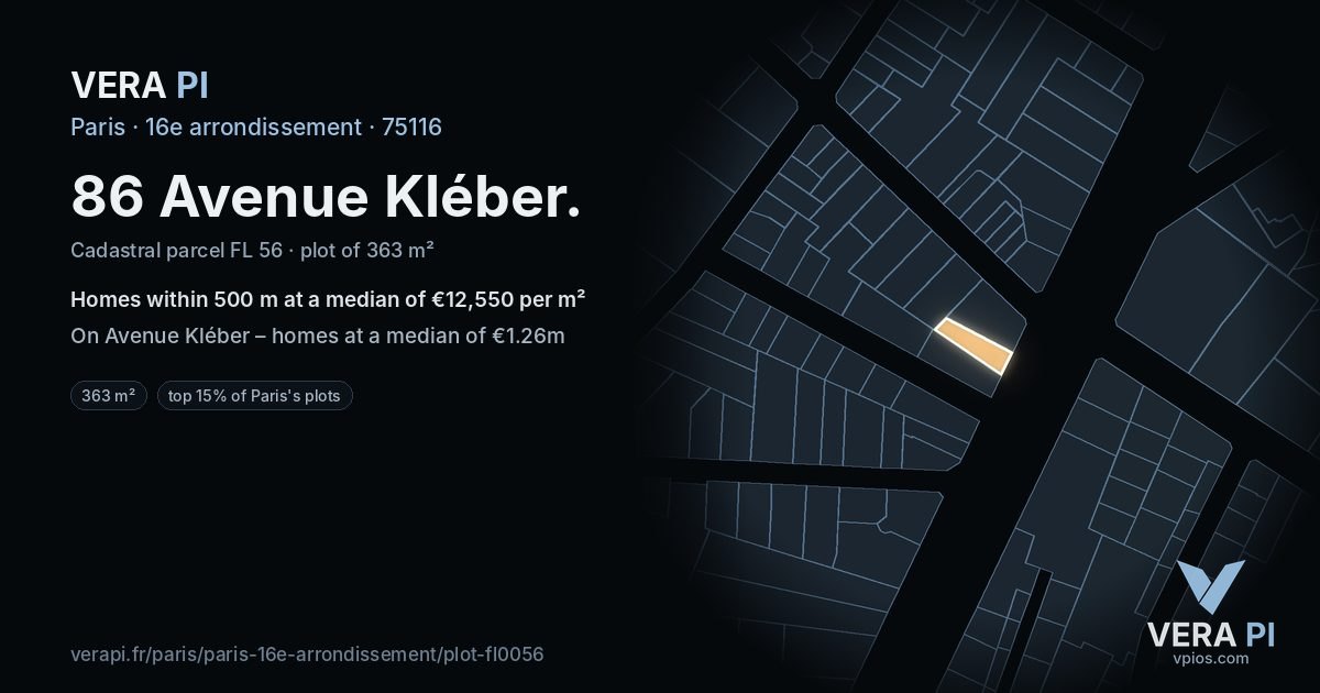 86 Avenue Kléber, 16e arrondissement at night – the plot lit, the parcels around coloured by the prices near them