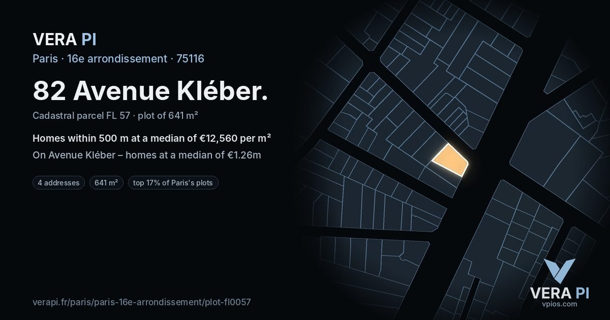 82 Avenue Kléber, 16e arrondissement at night – the plot lit, the parcels around coloured by the prices near them